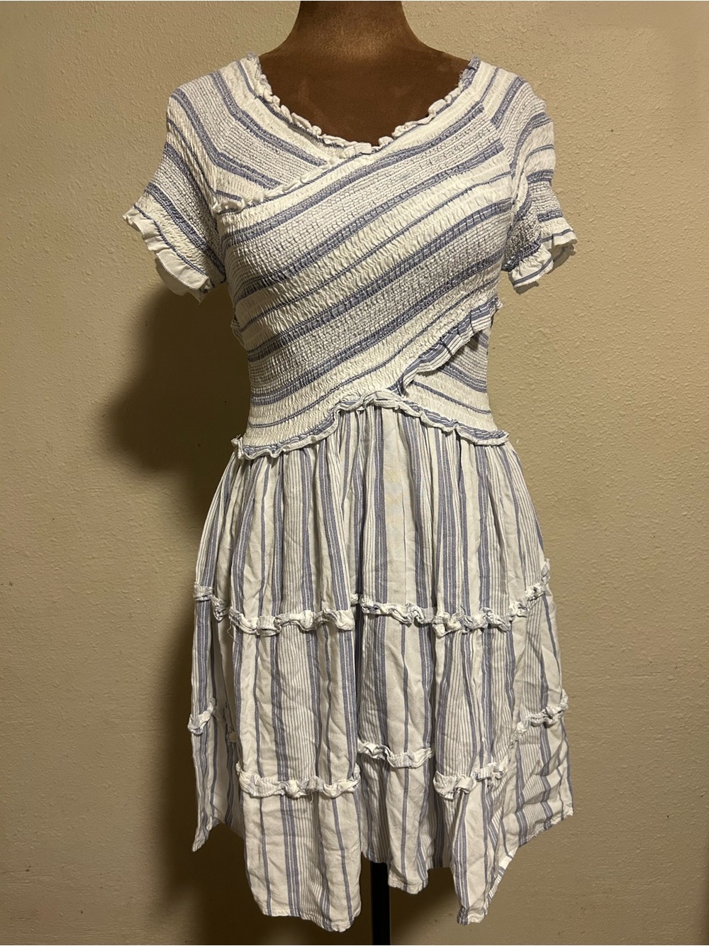 Japna Blue & White Striped Smocked Mini Dress